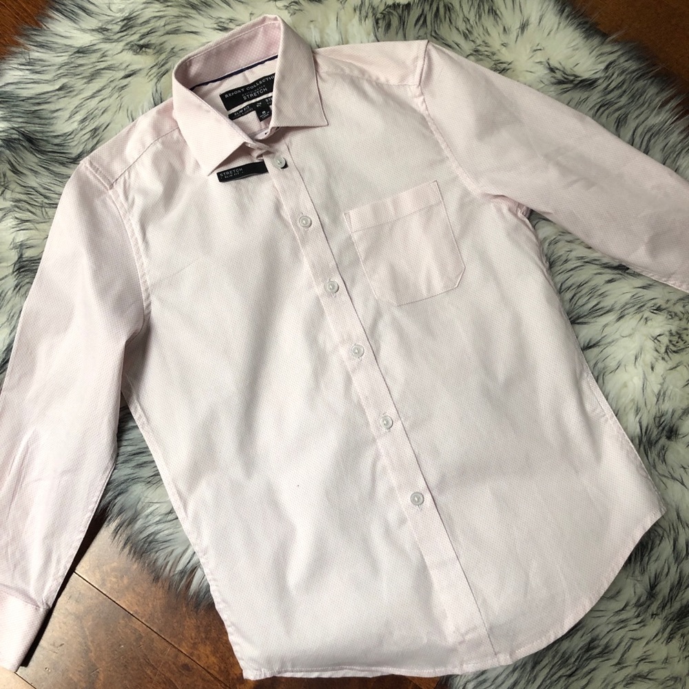 Boys Report Collection Pink mini Dot Long Sleeve Dress Shirt, Size 8